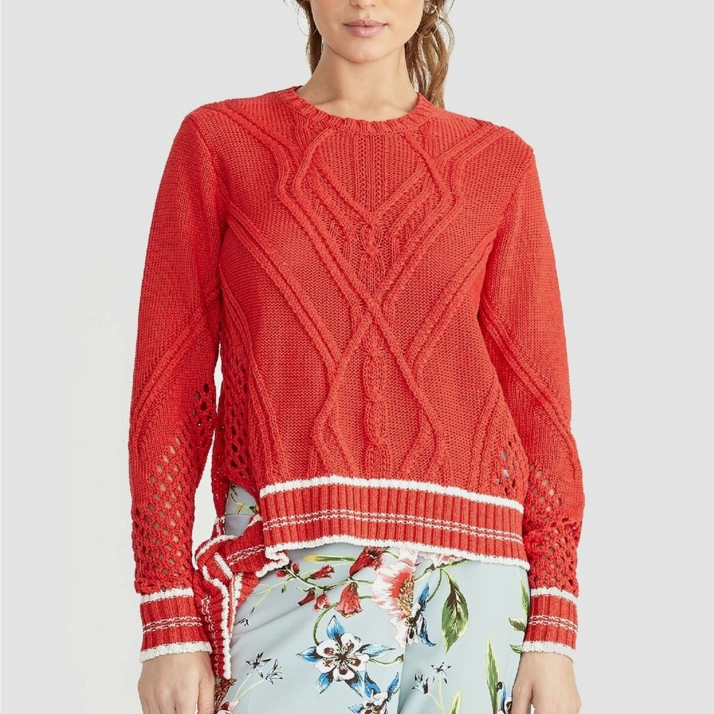Rachel Roy Womens Maggie Cable Knit Side-Tie Pointelle Sleeve Sweater Red